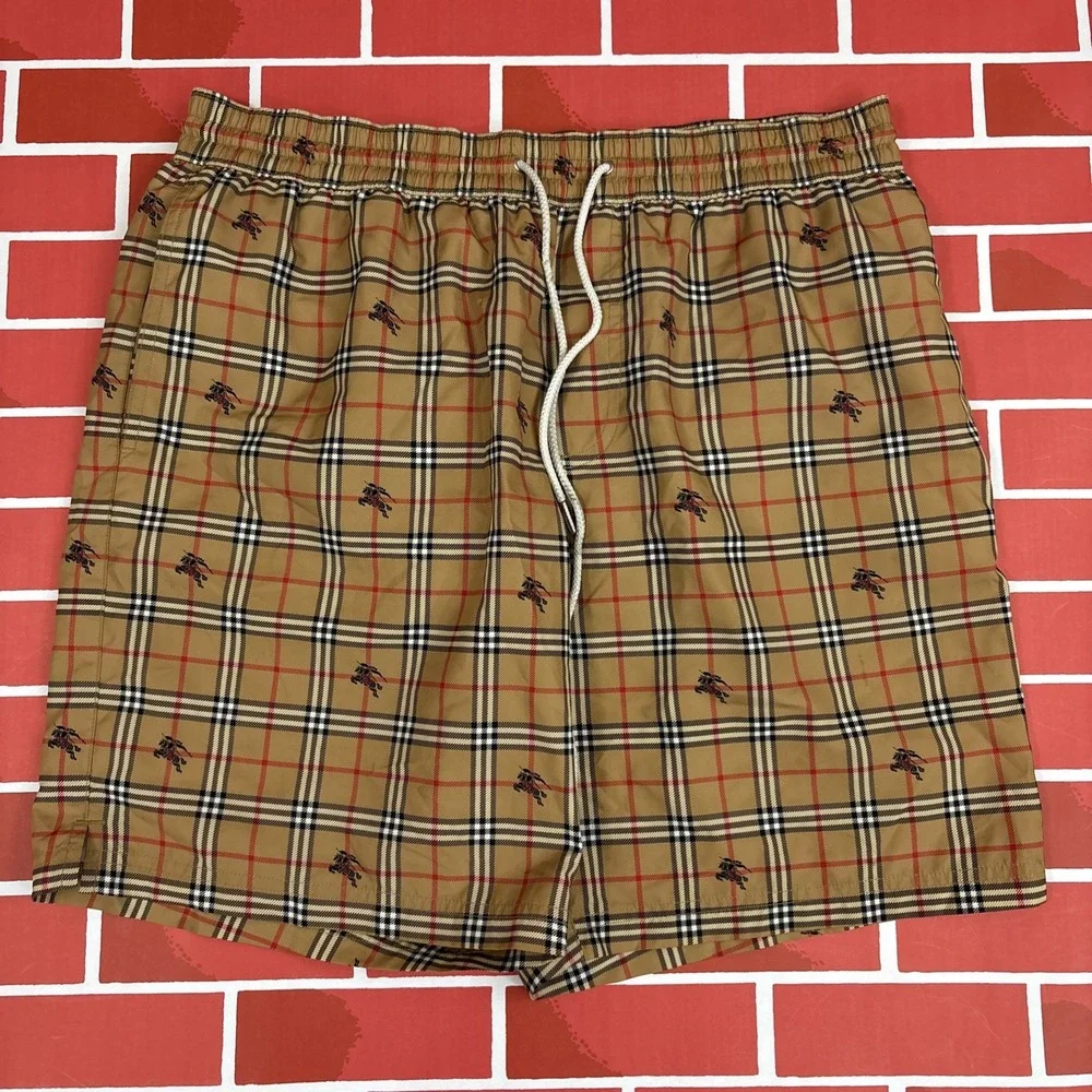 Burberry Swim Trunks Mens M Beige Check Plaid Drawstring Mesh Lined Shorts